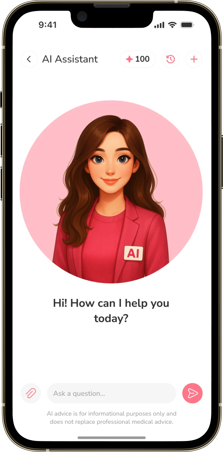 The MomSmile AI consultant screen with the specialist avatar and the question field