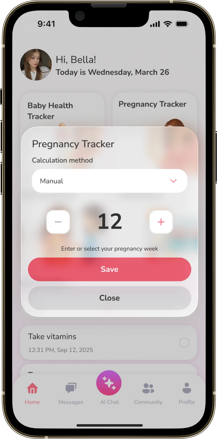 A MomSmile screen with the pregnancy calendar setup window and the week picker