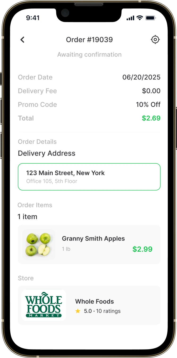 The Speedy order screen: the order number, the promo code, the items and the seller