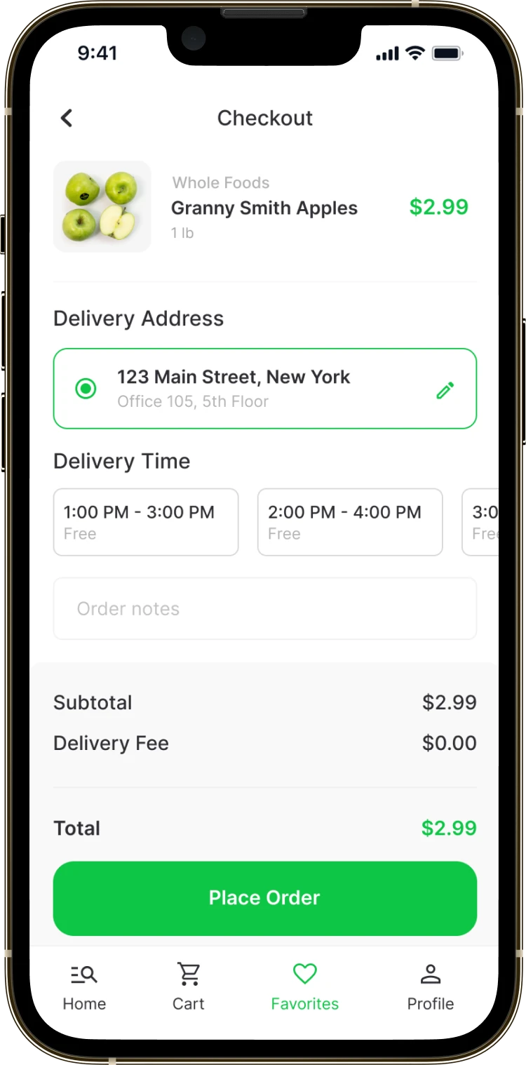 The Speedy checkout screen: the item, the address, the time slots and the total