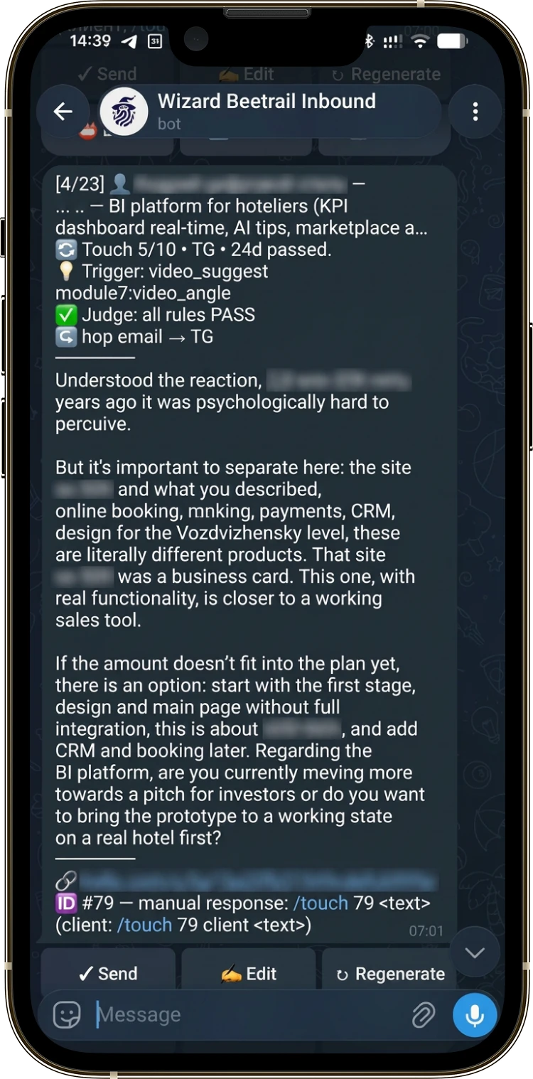 A Wizard alert about a new lead in Telegram