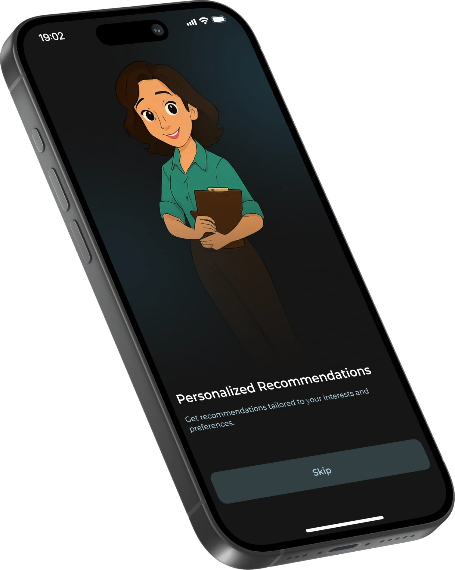The AI Assistant onboarding screen: the 2D character, the heading “Personalized tips” and a Skip button