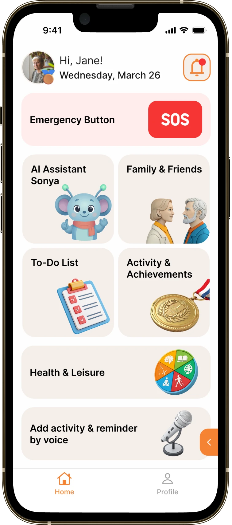 The InterPensioner home screen with the SOS button, the Sonya assistant and the tasks and leisure sections