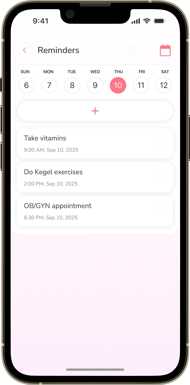 The MomSmile reminders screen with the weekly calendar and the list of tasks