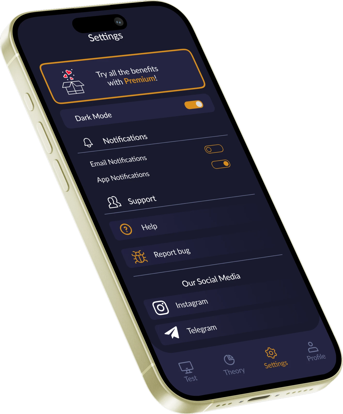 The Hedgie settings screen: color theme, notifications, support and the app’s social channels