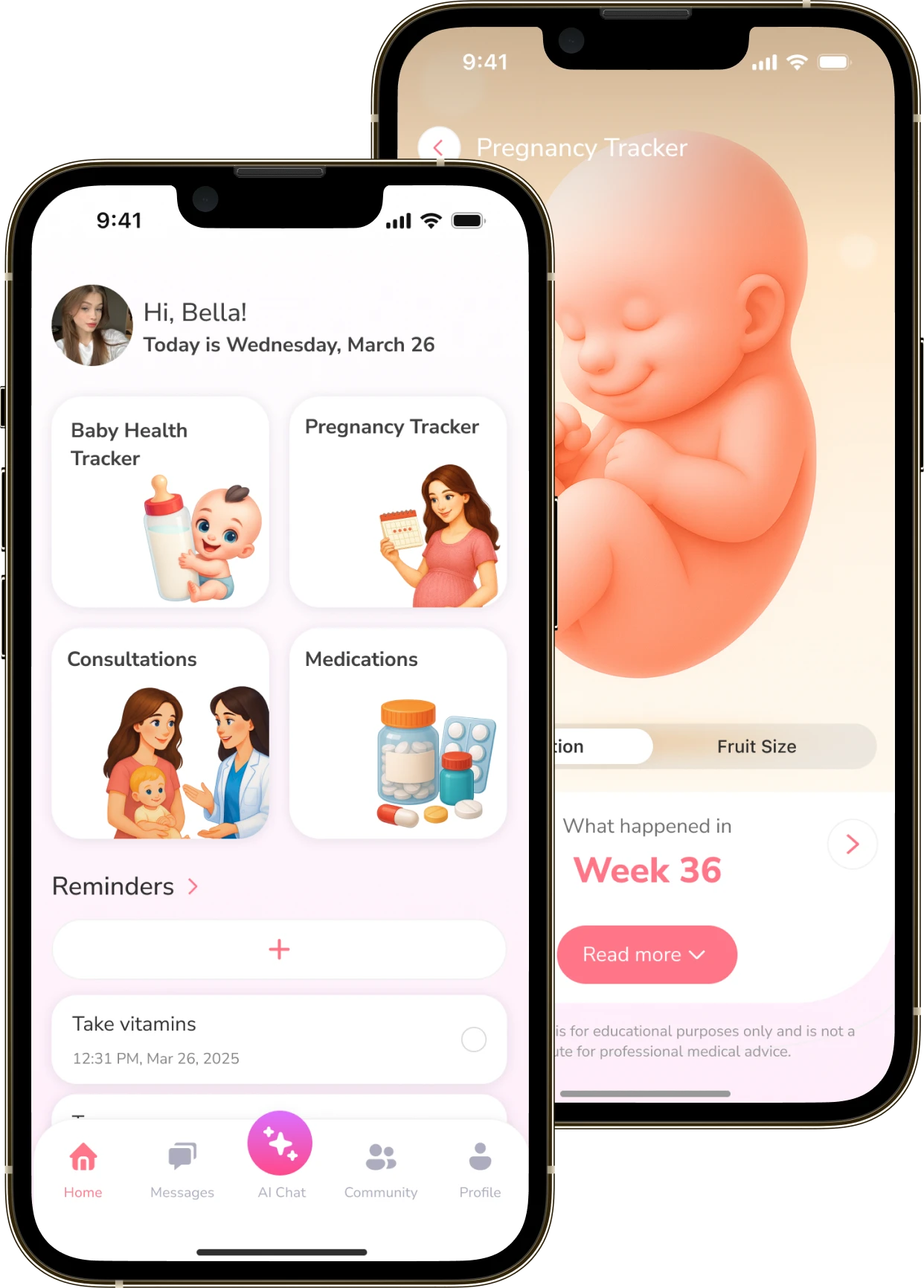 Two MomSmile screens: the home screen with sections and reminders, and the pregnancy calendar