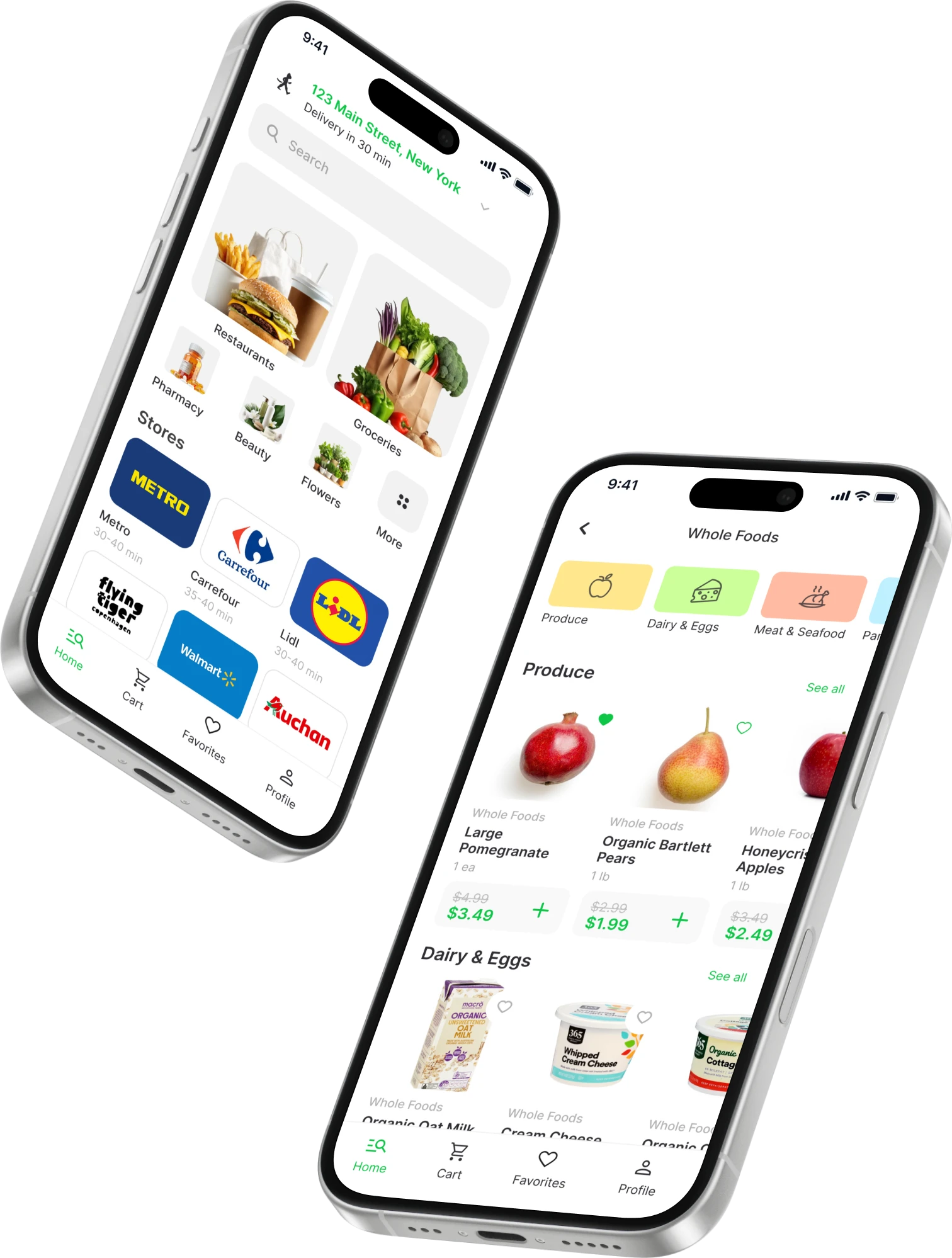 Two Speedy screens: the shop catalog and a store front with prices