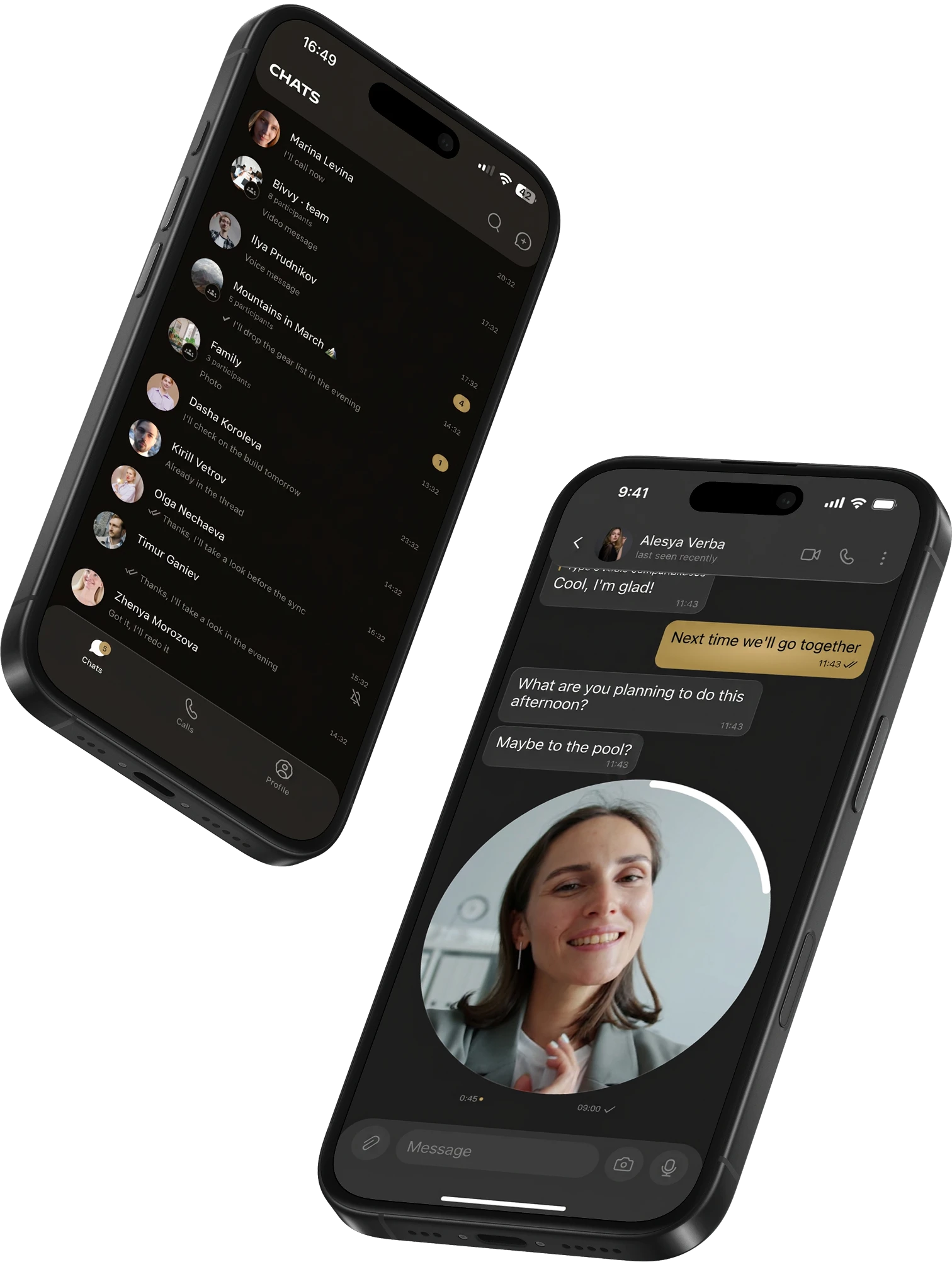 Two Bivvy screens: the chat list and a conversation with a video message