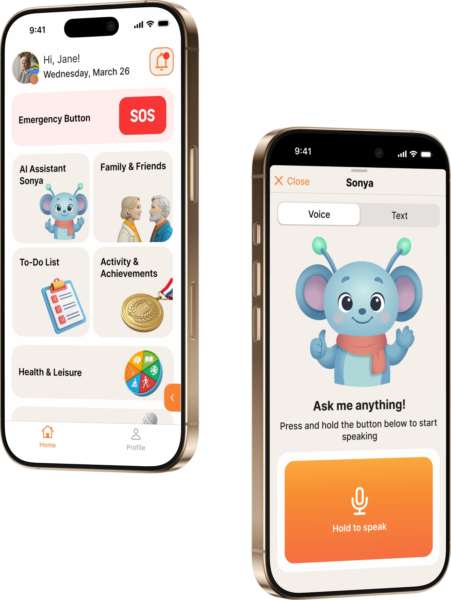 Two InterPensioner screens: the home screen and the voice assistant Sonya