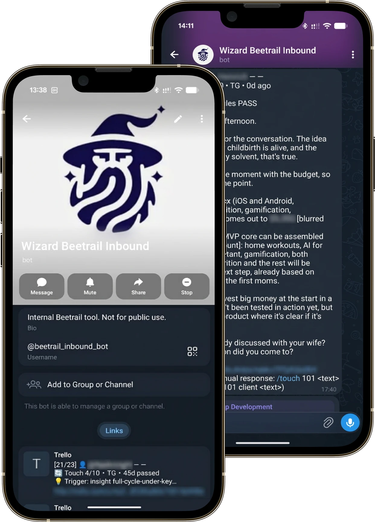 Wizard AI Telegram bot screens: the bot profile and a conversation with a lead