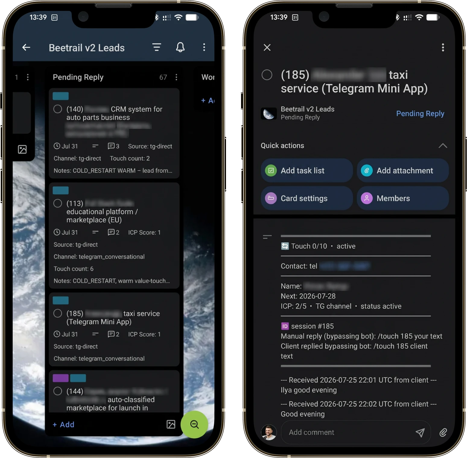 The Trello board with Wizard leads and a detailed lead card