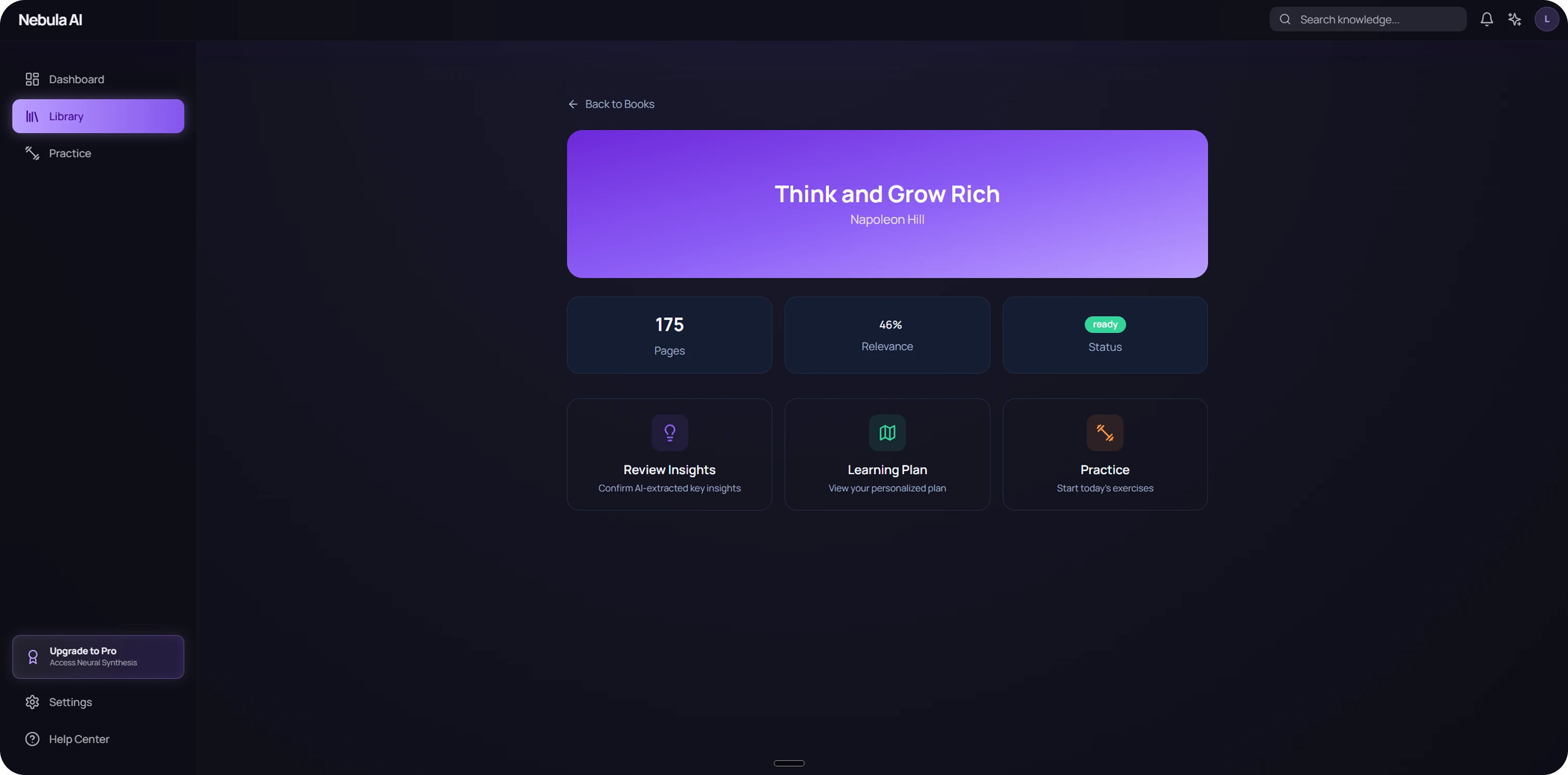 A material record with page count, relevance and the three main actions