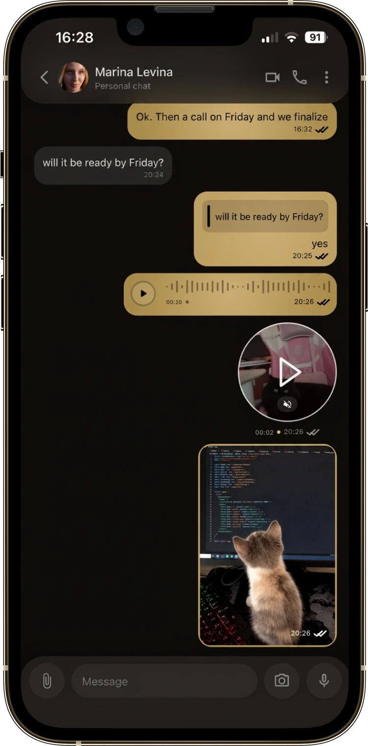 Three Bivvy conversation screens: voice notes, files and a video message