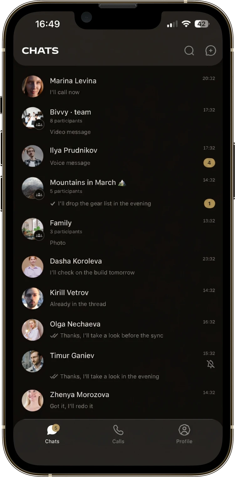 The Bivvy chat list on the left and the chat action menu on the right