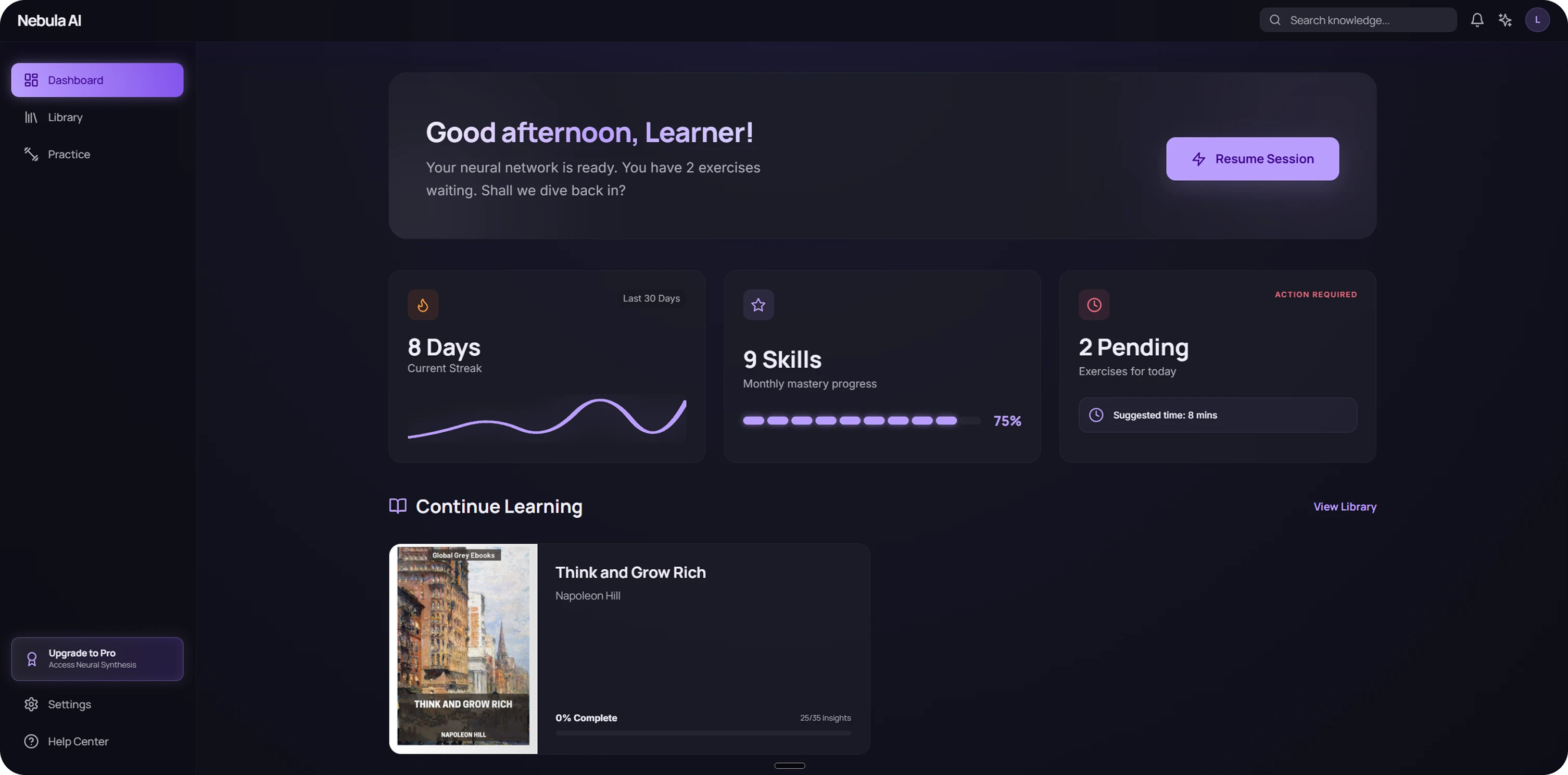 The Nebula AI main screen: a learning streak, skills mastered and pending drills