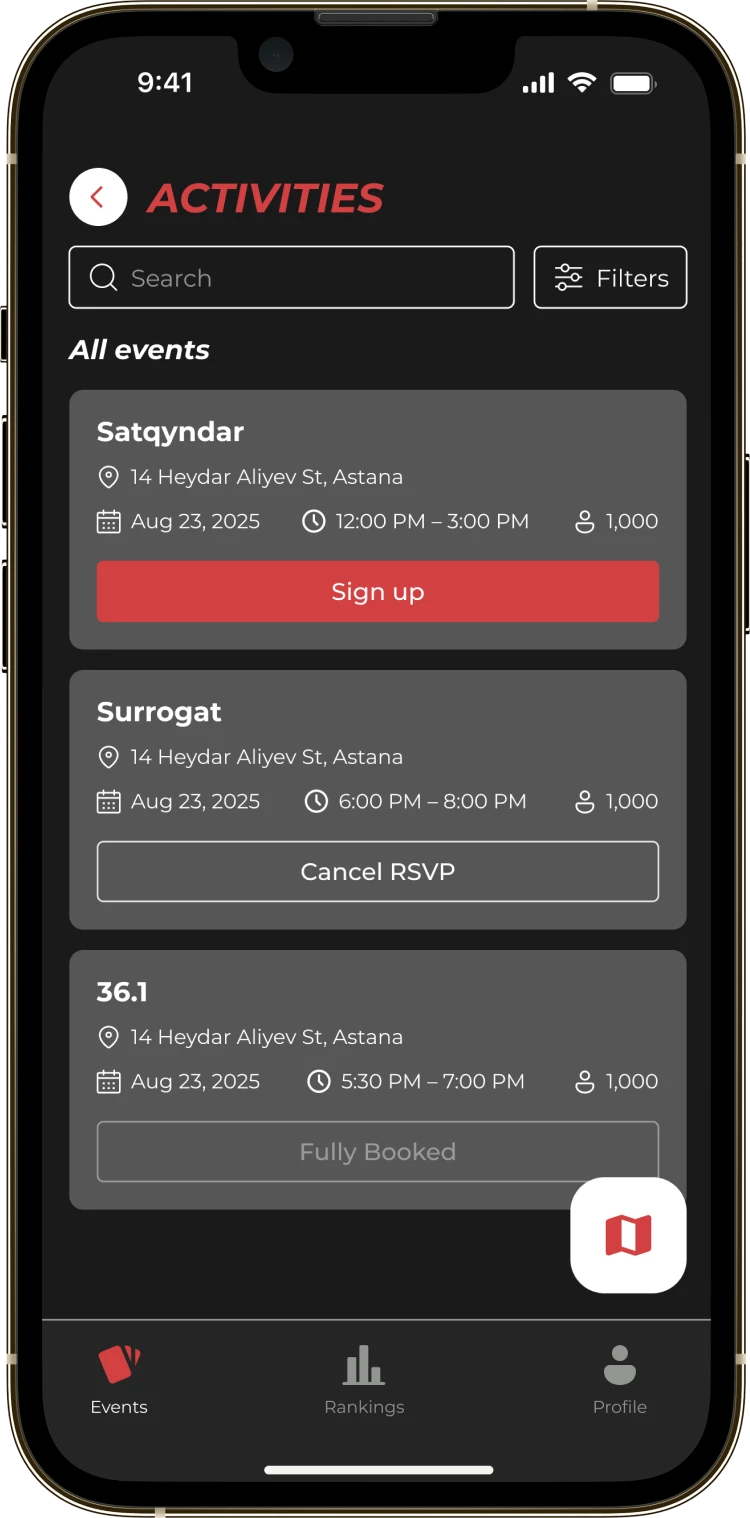 The Events screen of the Dala Qyrandary app with search, filters and event cards
