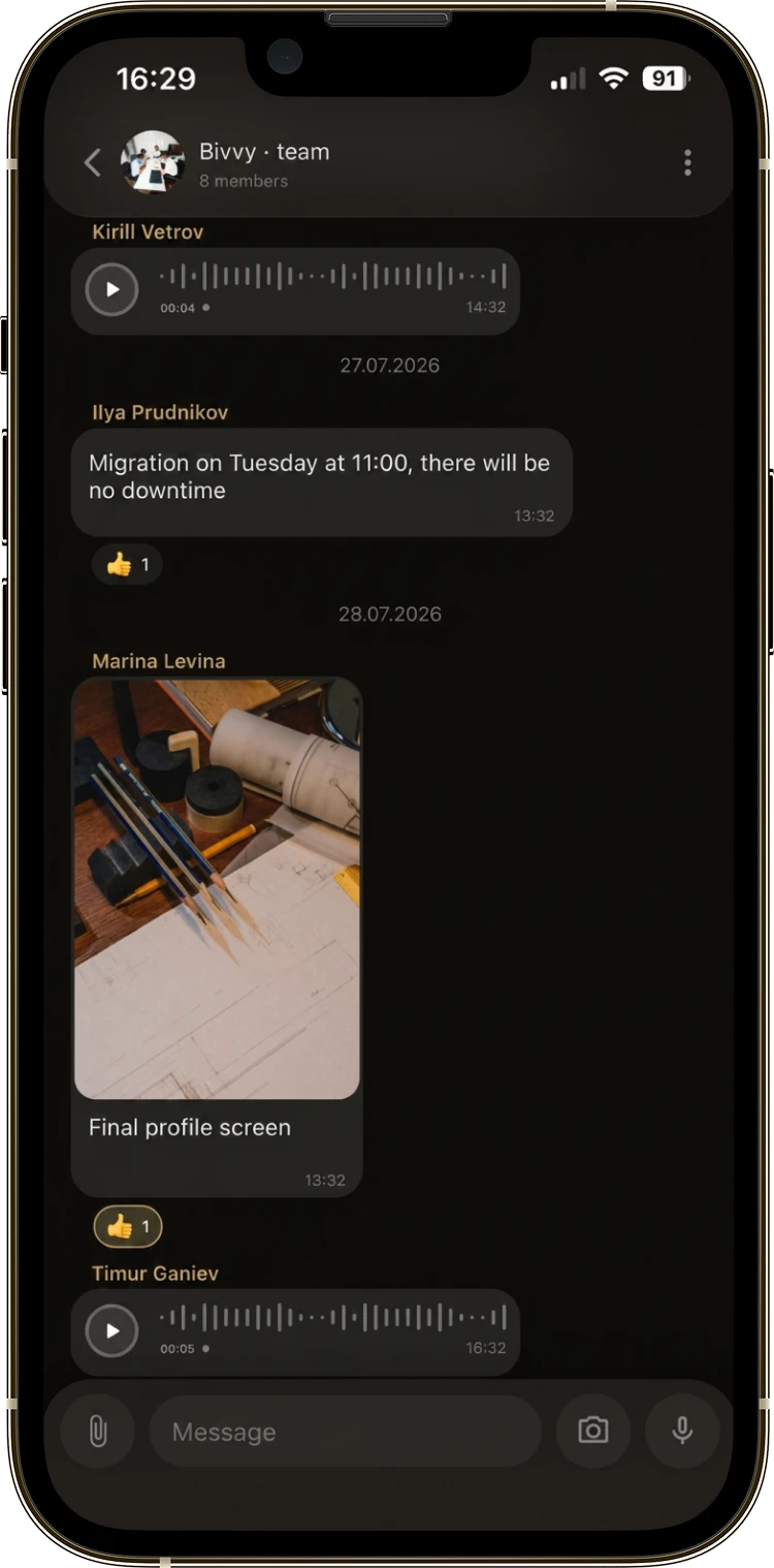 A Bivvy group chat and the group menu with its members