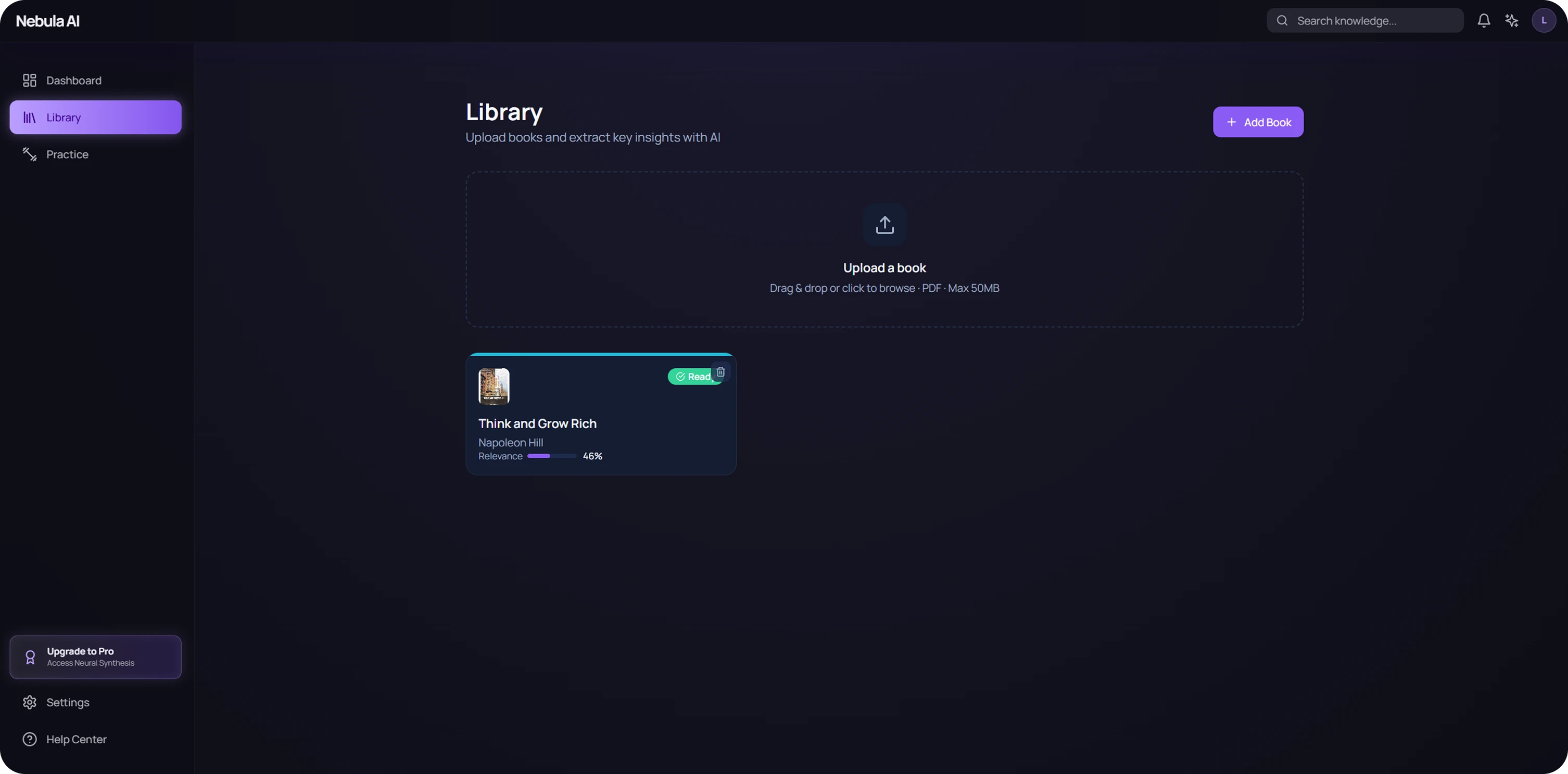 The Nebula AI library with a PDF upload zone and material cards