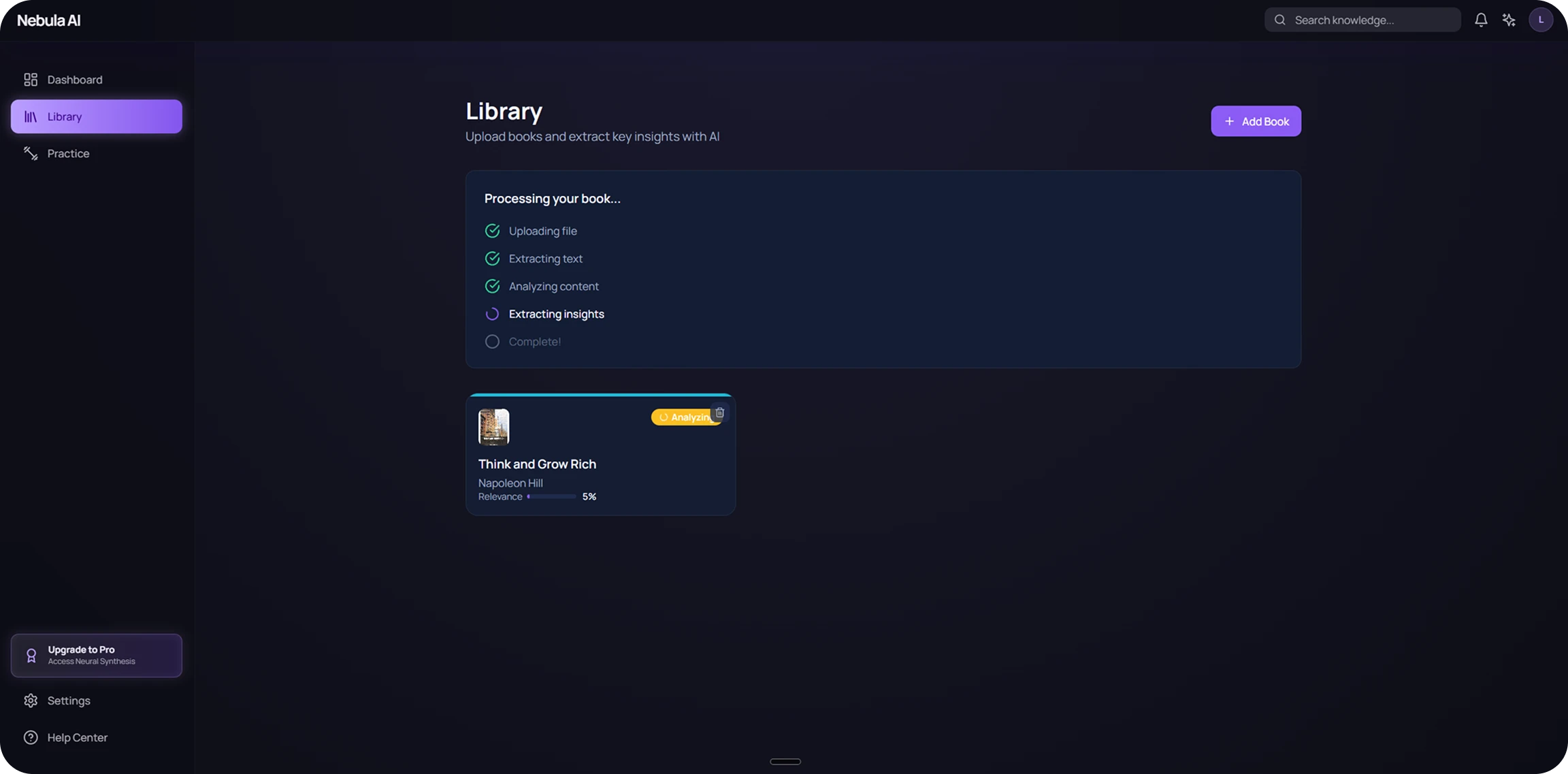 The processing panel: upload, text extraction and idea-finding stages