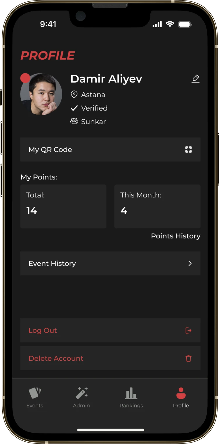 The member profile screen: verification status, squad, QR code and points