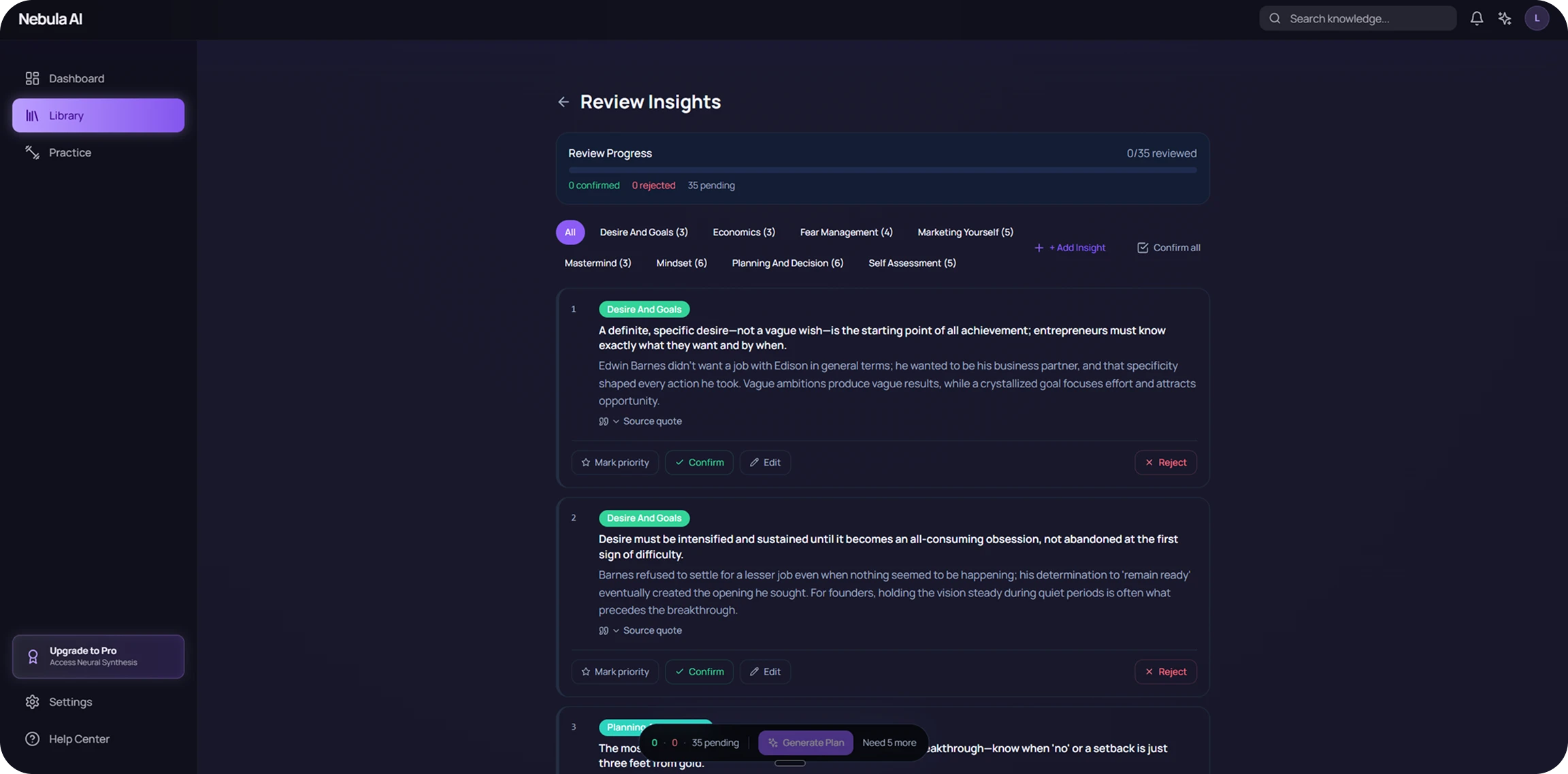 The idea review screen with topics, action buttons and links to quotes