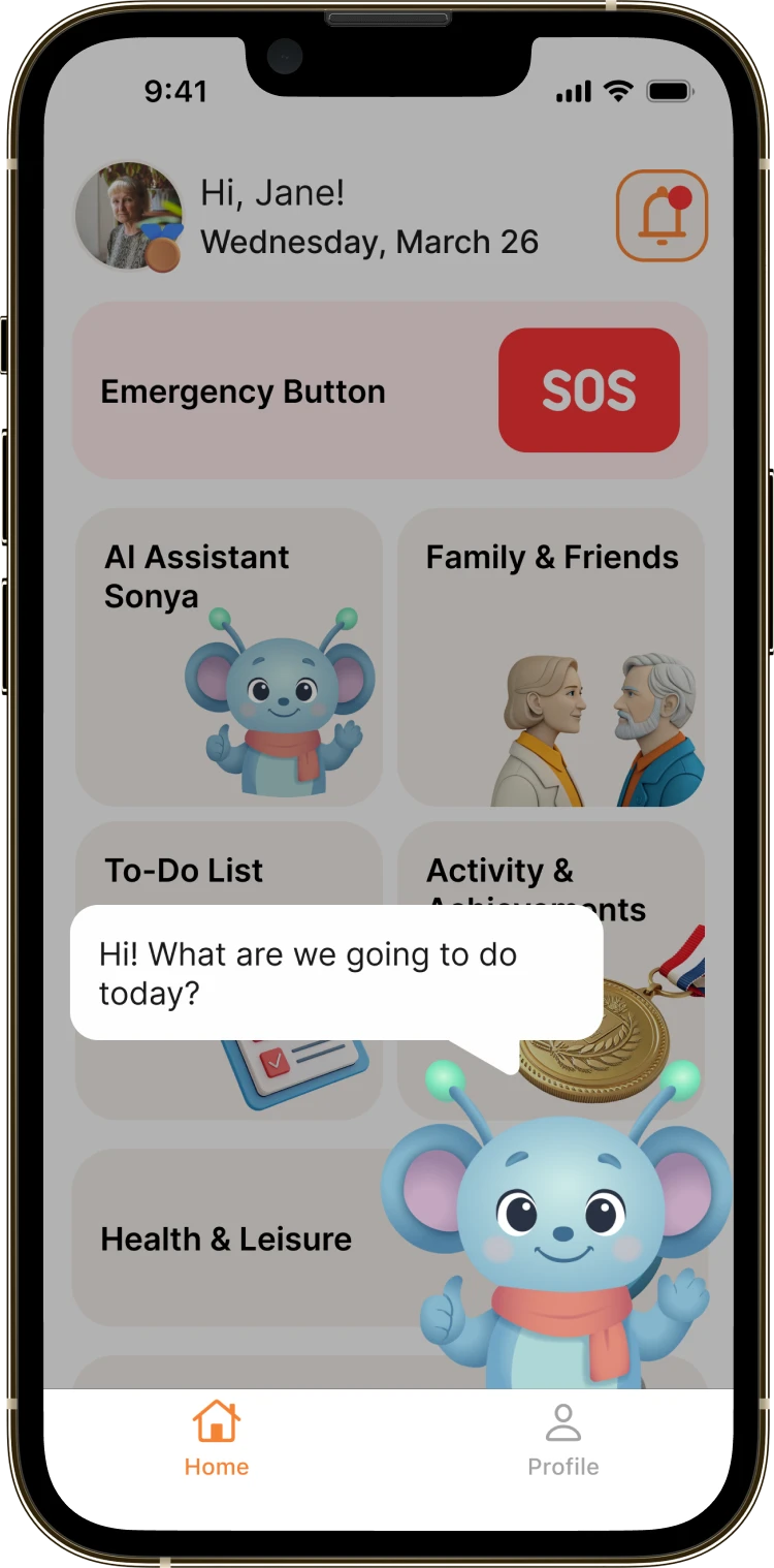 The InterPensioner home screen: the SOS button, the Sonya assistant and family contacts