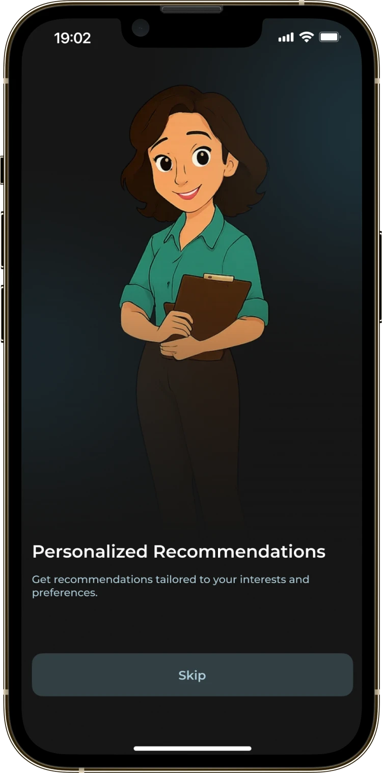 The AI Assistant onboarding screen with the 2D character and a note about personal recommendations