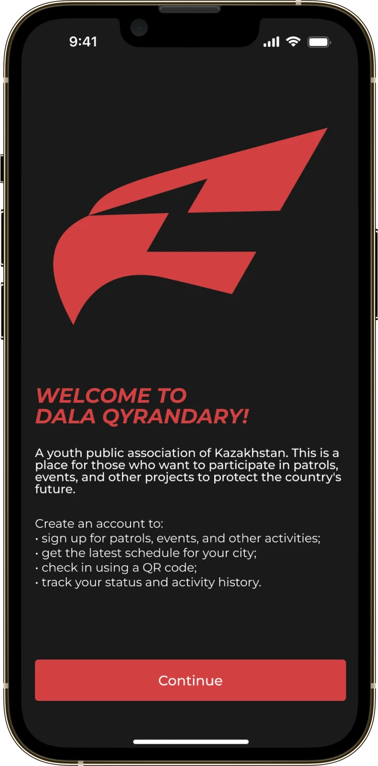 The Dala Qyrandary welcome screen with the description of the movement and the continue button