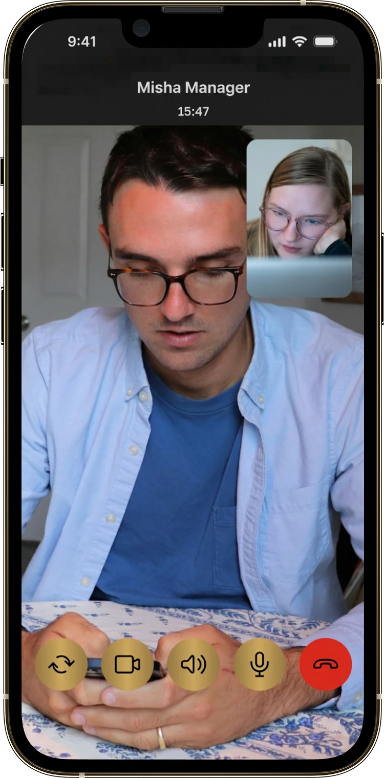 A Bivvy video call with the floating self-view window