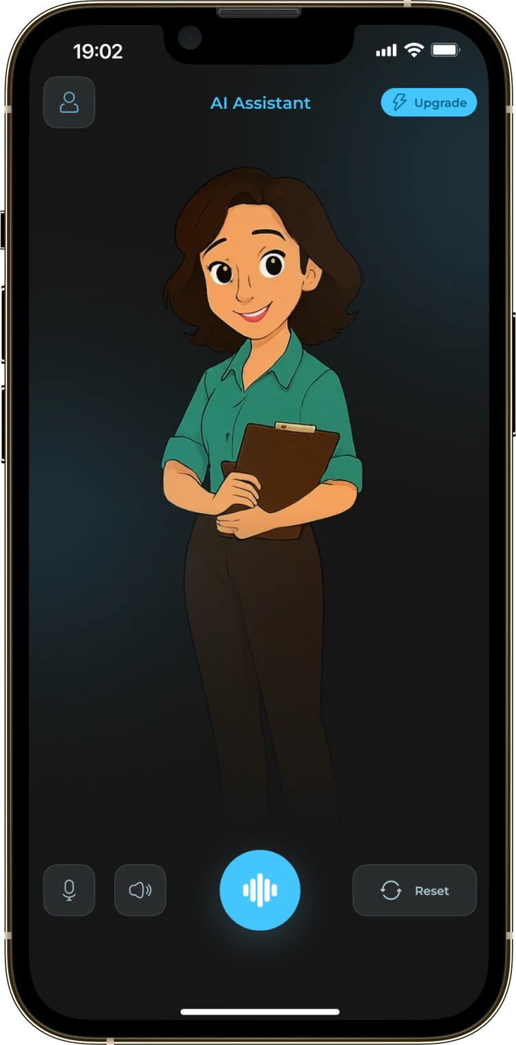 The AI Assistant home screen in the dark and light themes with the same 2D character