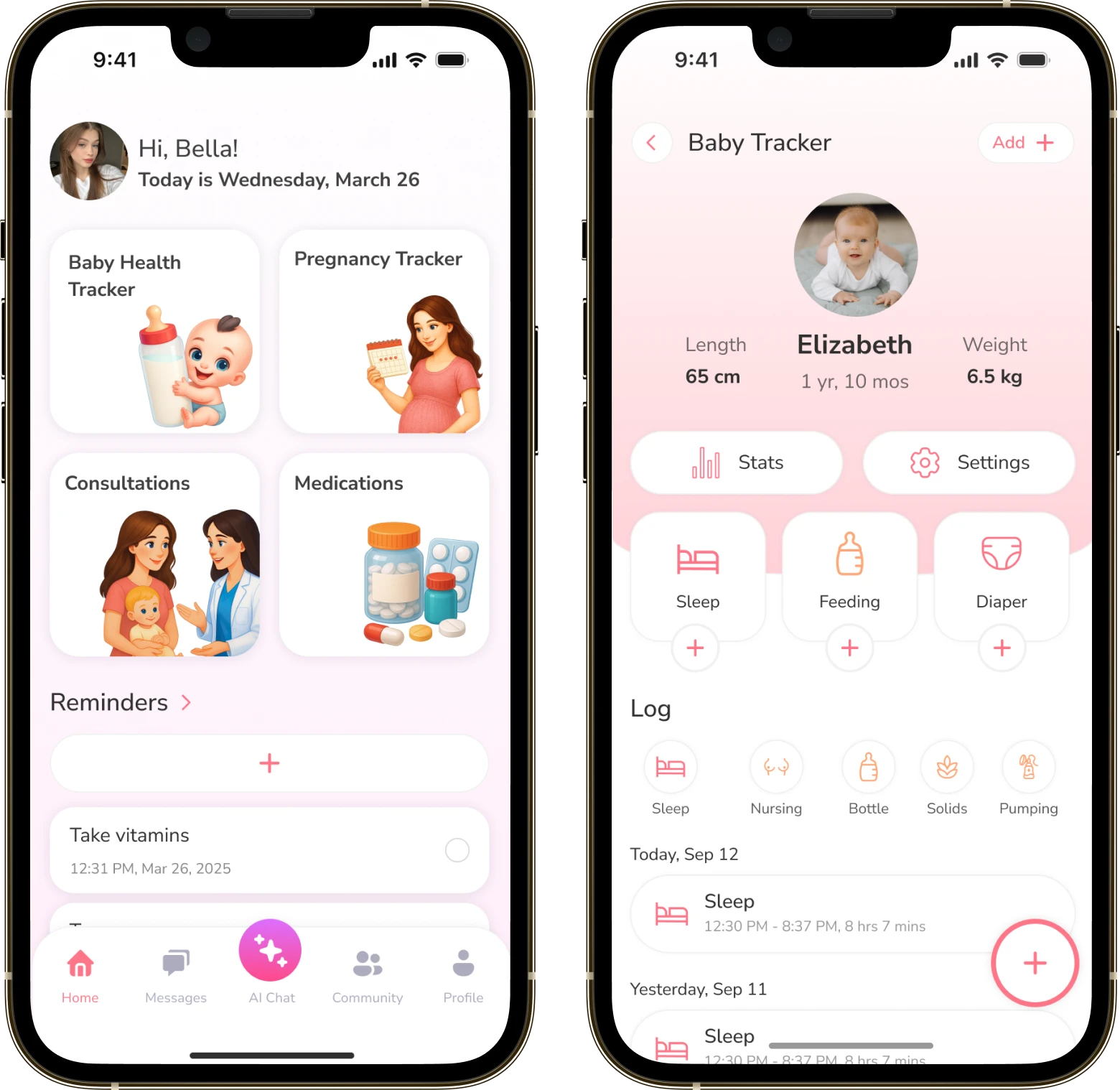 Two MomSmile screens: the mother’s home screen and the baby health tracker with metrics and a log