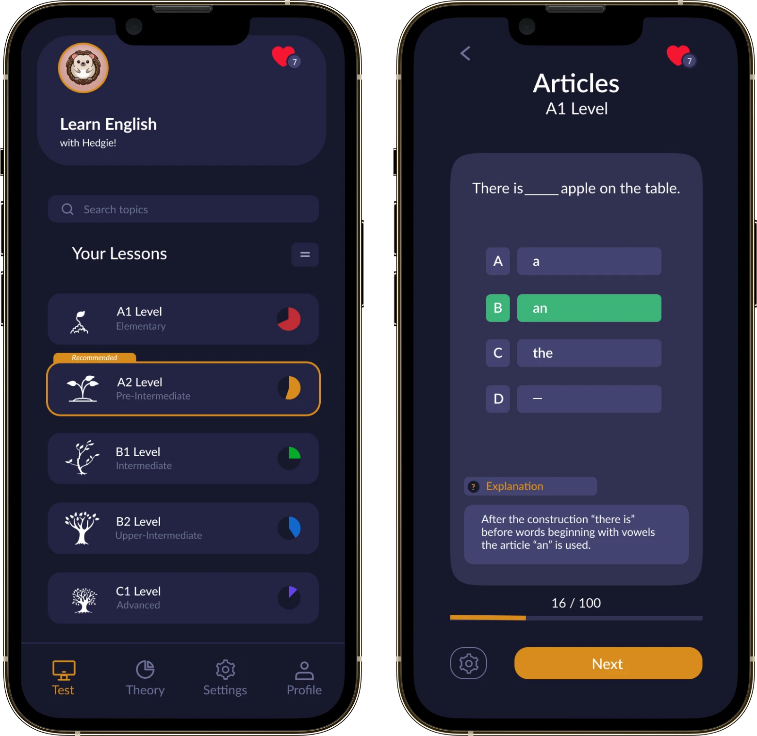 Two Hedgie screens: the list of lessons and an Articles test with the rule explained