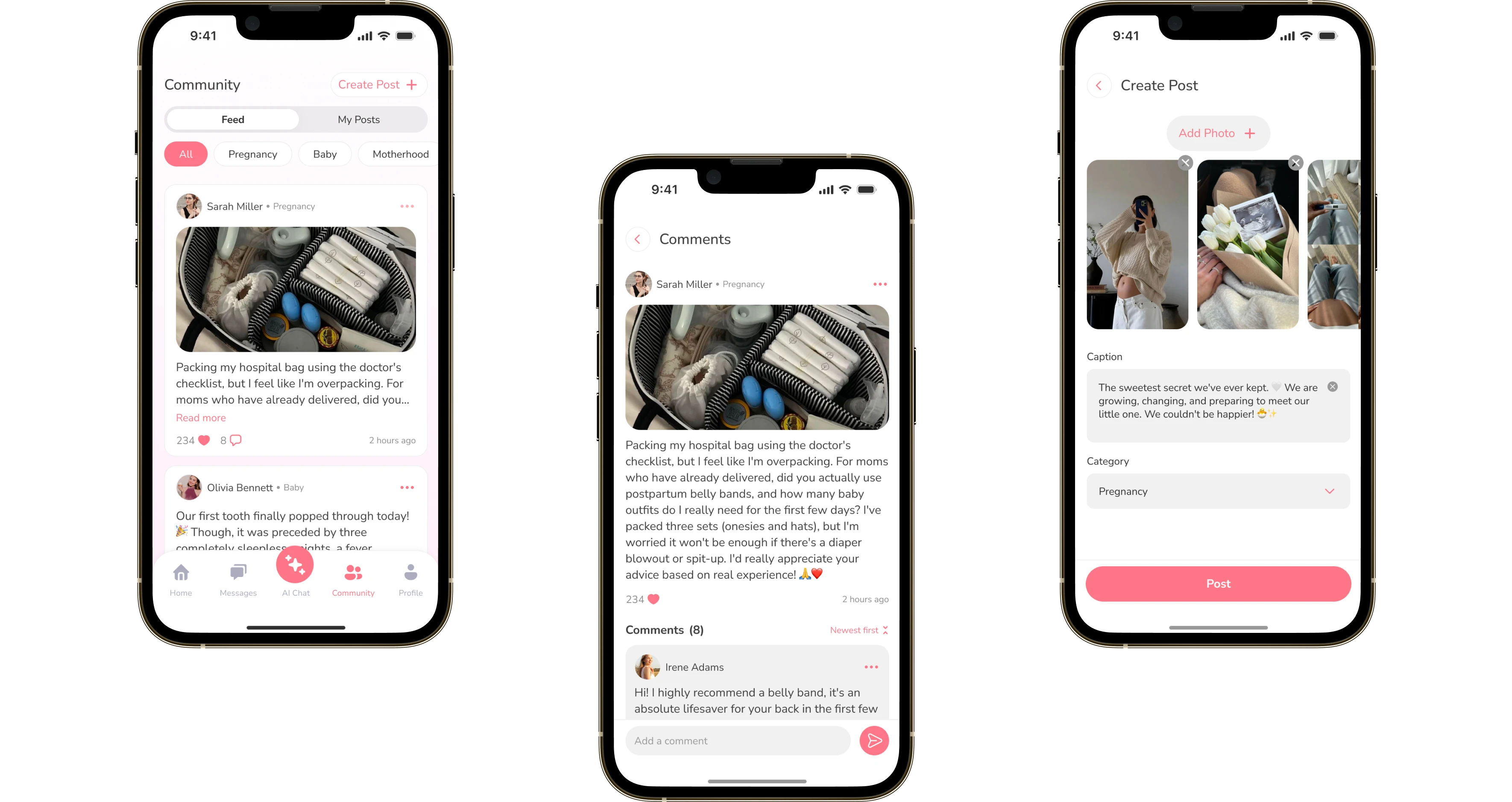 Three community screens: the feed of posts, the comments and creating a publication