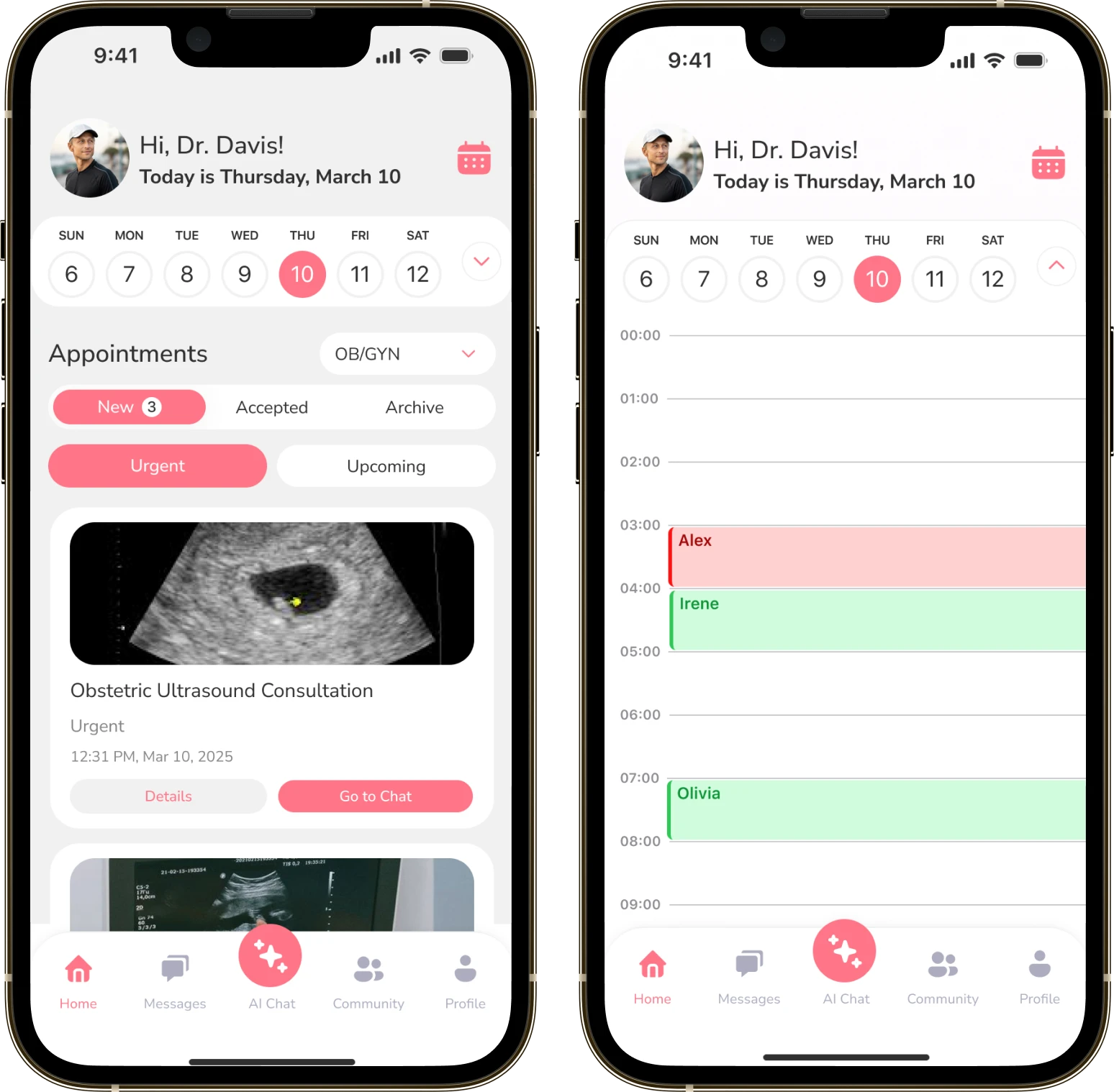 Two consultant screens: the list of requests with filters and the hourly consultation schedule