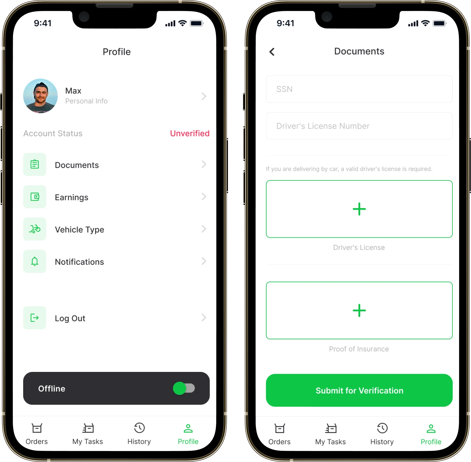 Two courier app screens: the profile with the account status and the document upload
