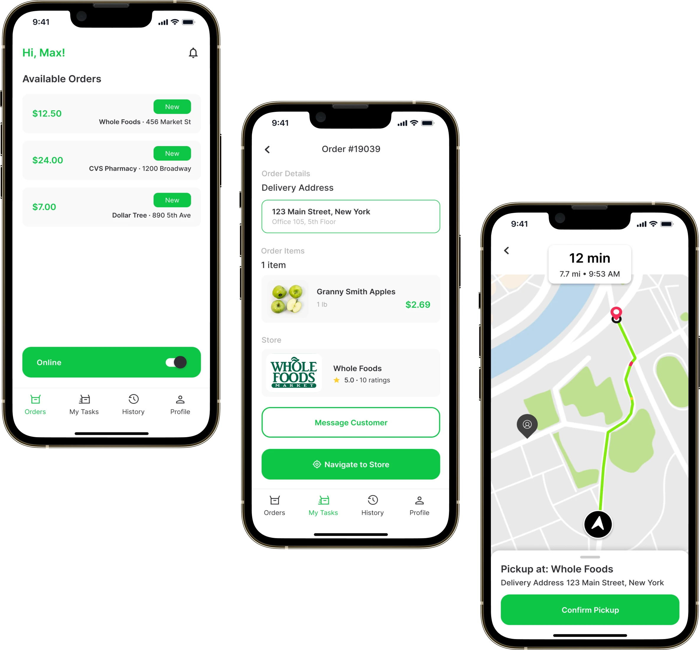 Three courier app screens: active orders, the order card and the route map
