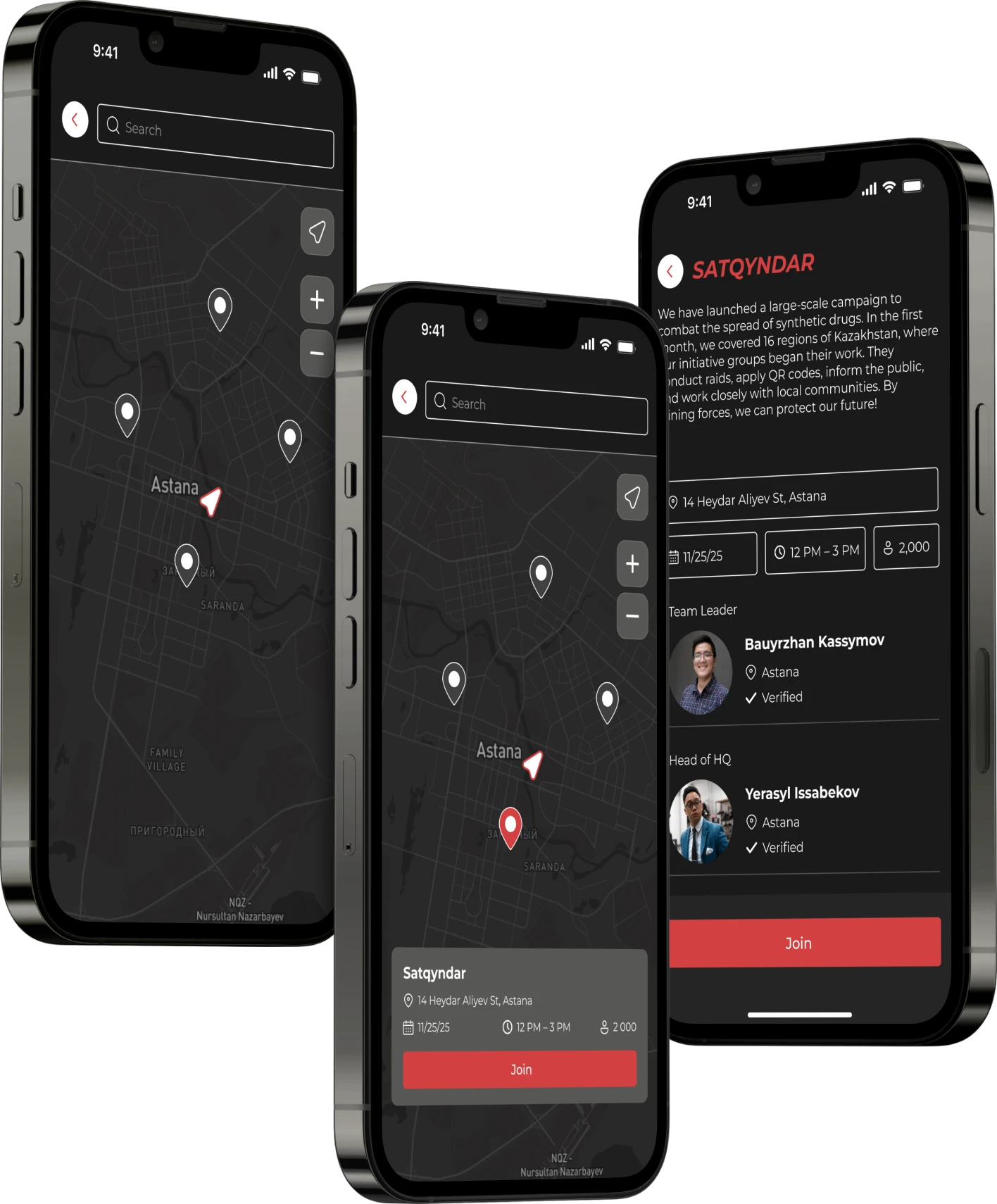 Three sign-up screens: the activity map, the event card and its full description