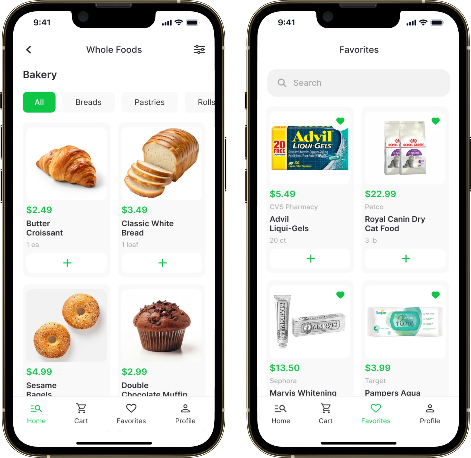 Two Speedy screens: the bakery category with products and the Favorites section