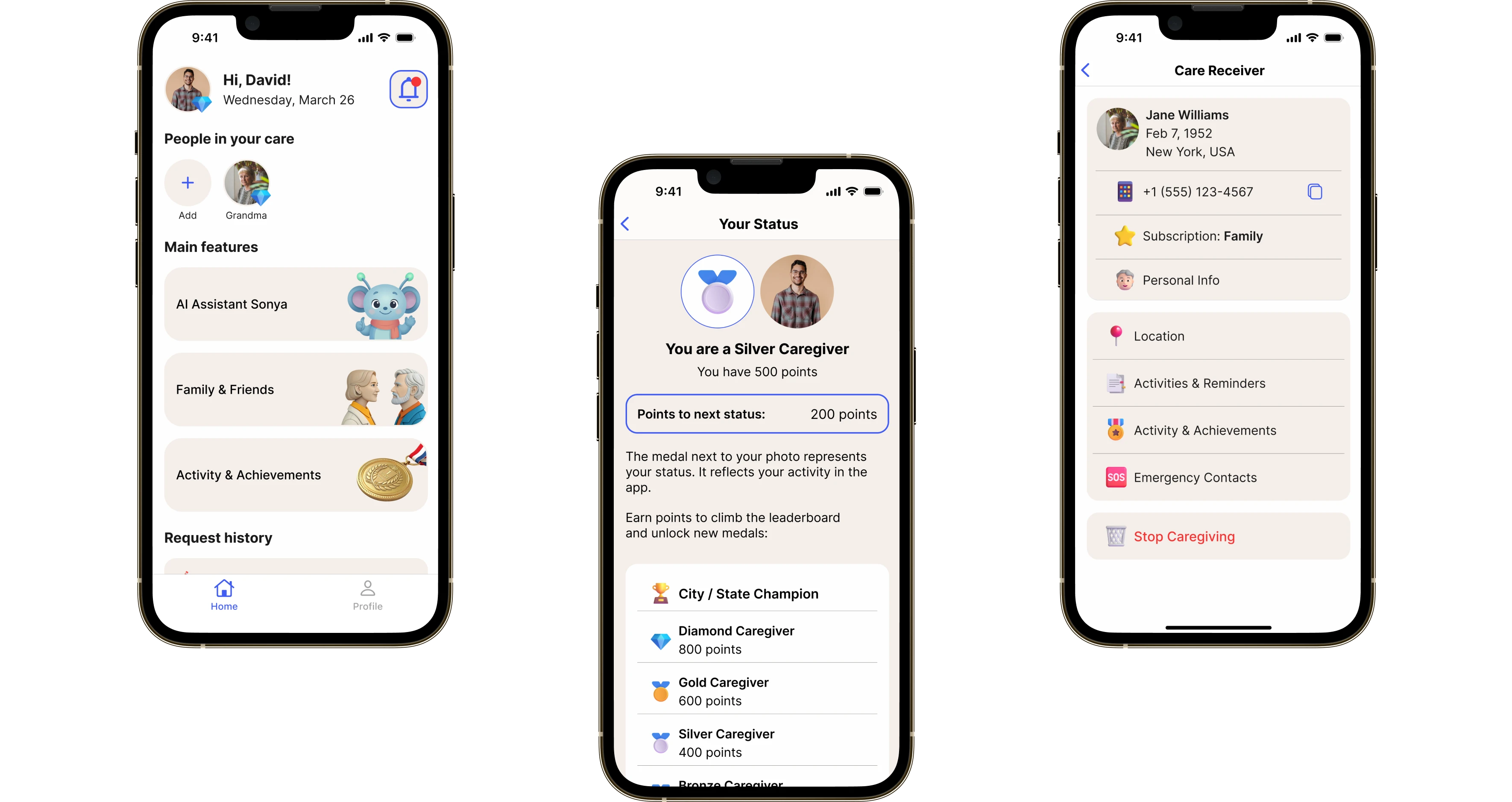 Three carer screens: the home screen, the status with medals and the card of the person being cared for