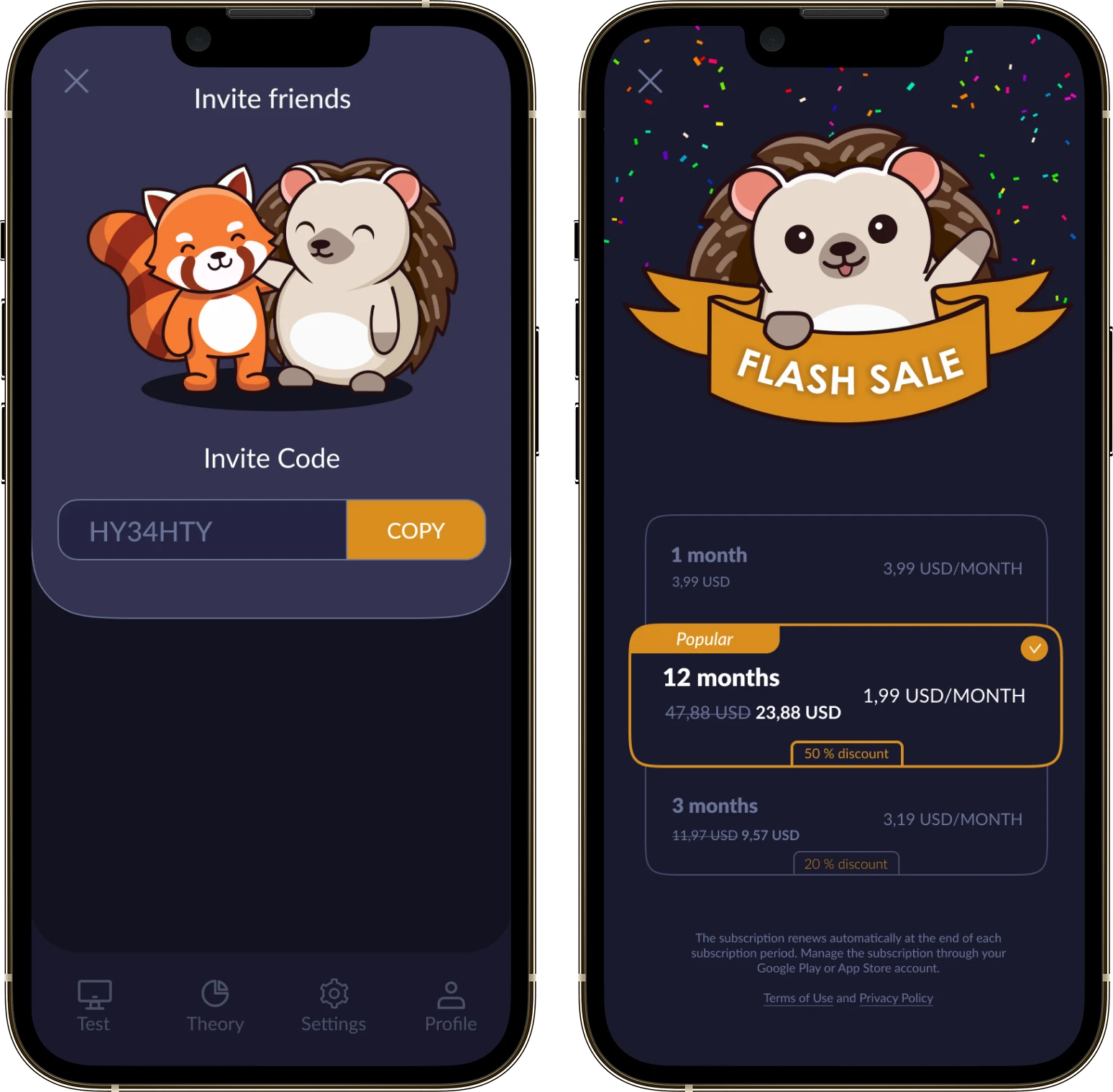 Two Hedgie screens: inviting a friend by code and the subscription screen with 1, 3 and 12 month plans
