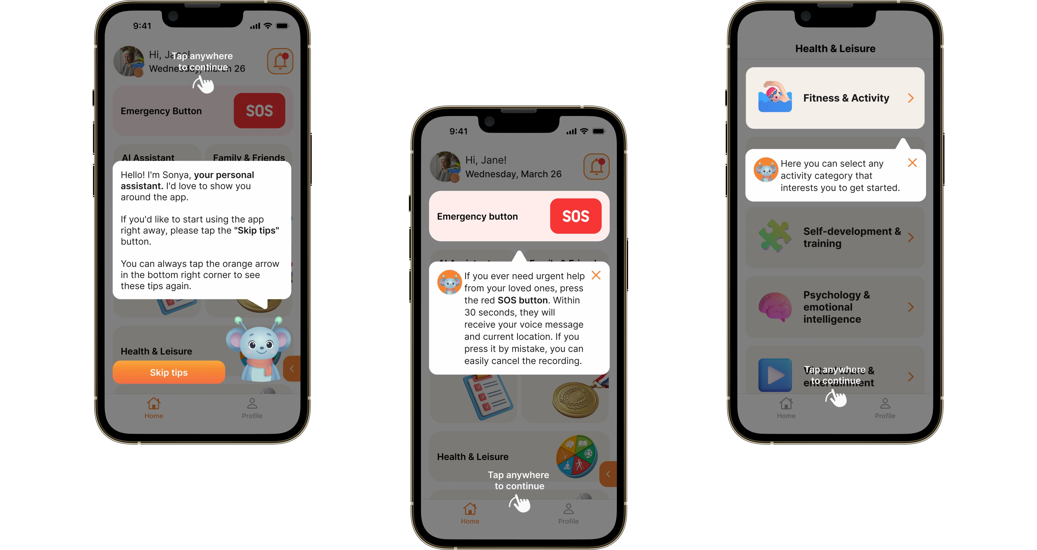 Three onboarding screens: Sonya prompts, the SOS explanation and the leisure section