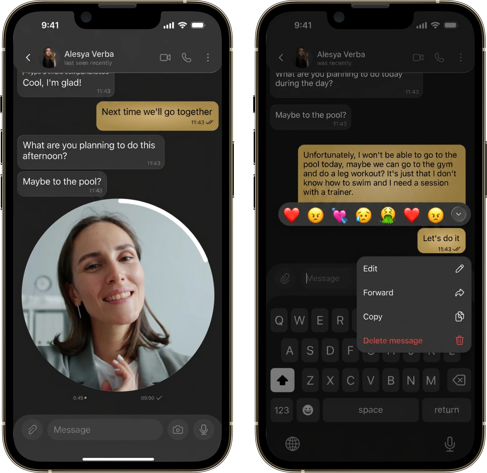 Two Bivvy screens: a conversation with a video message and the message action menu