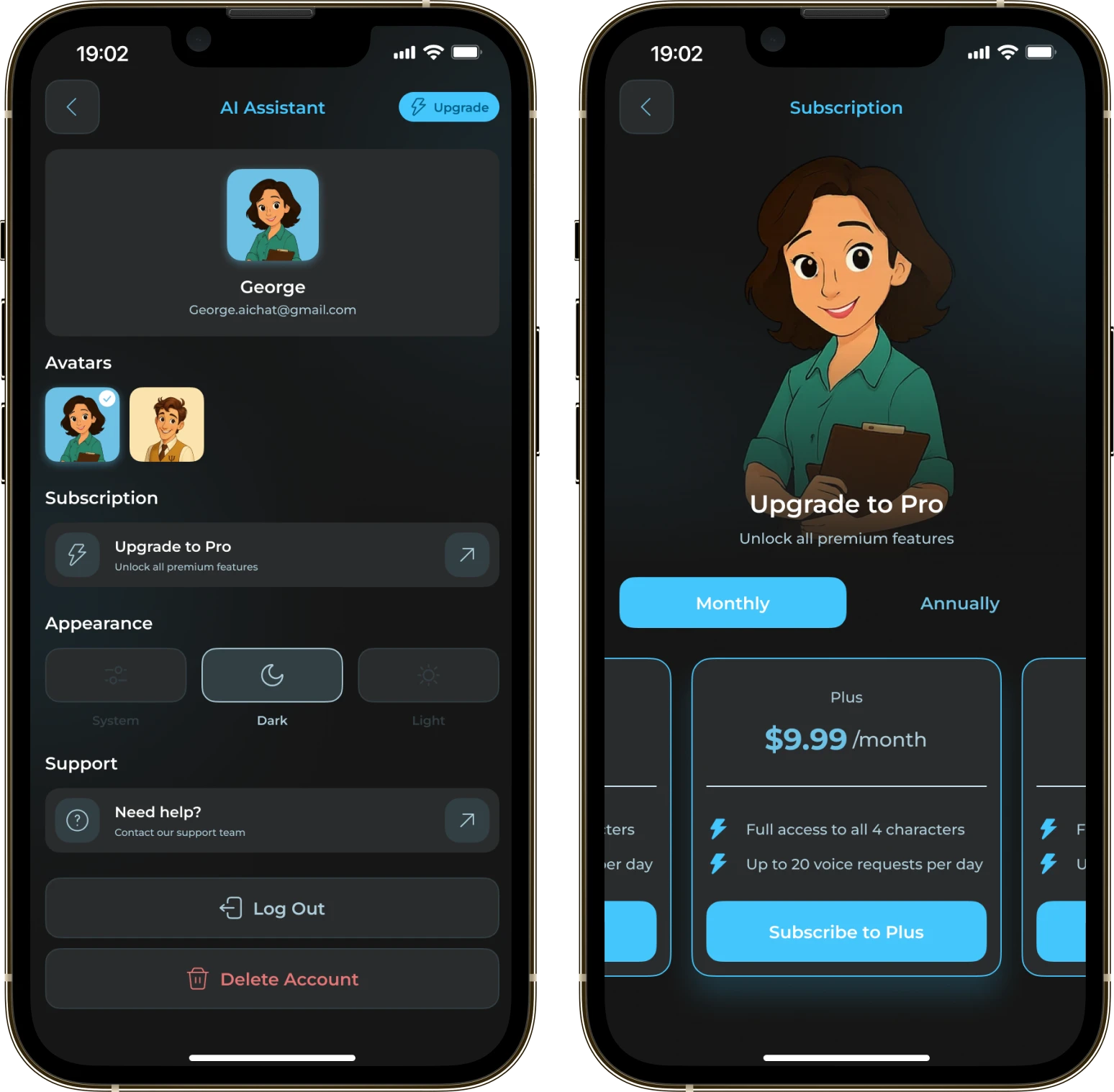 Two AI Assistant screens: the profile with the character and theme choice, and the subscription screen with plans