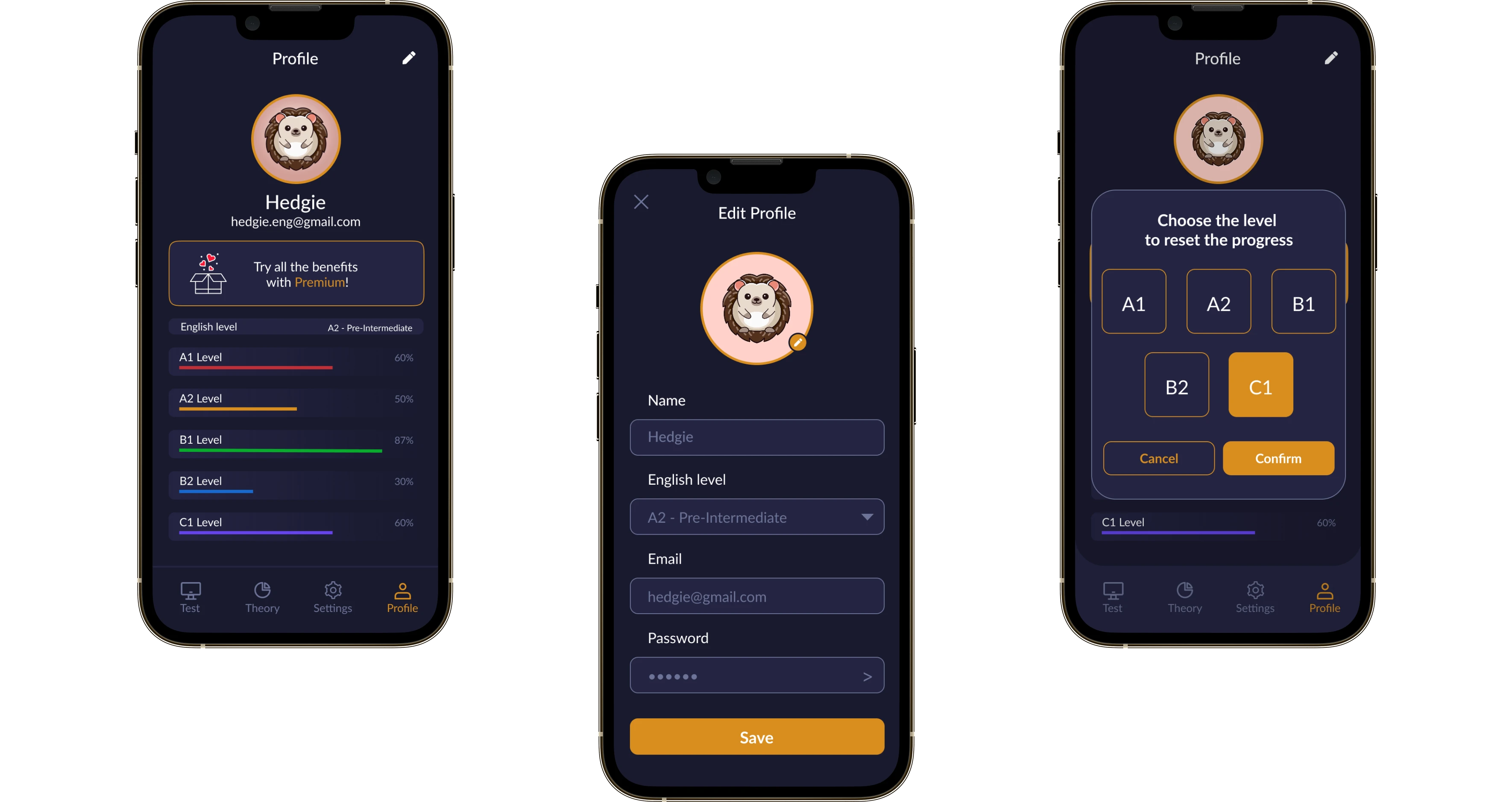 Three Hedgie screens: the profile with progress by level, editing the profile and resetting the progress of a level