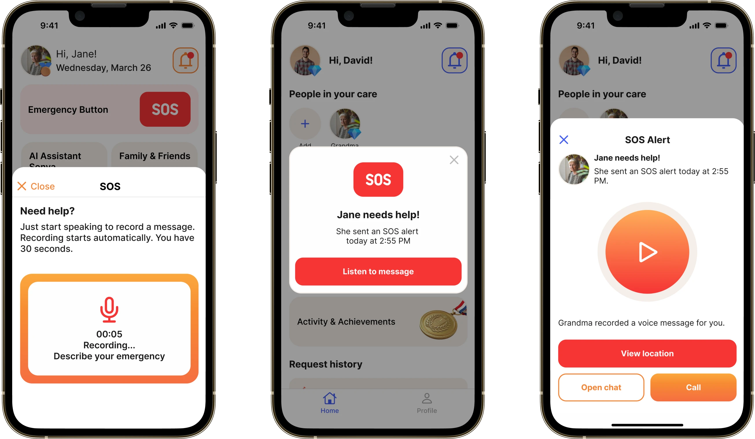 Three SOS screens: recording a voice message, the alert that Nina Vasilyevna needs help, and the alert card with a player and location