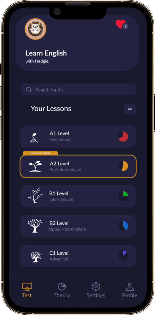 Hedgie: Learn English Grammar app screen