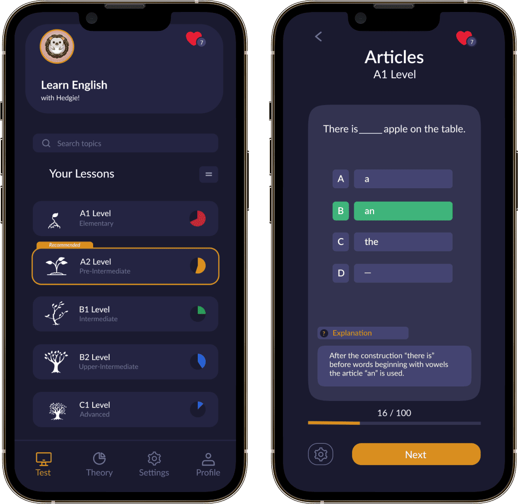 Hedgie: Learn English Grammar app screen