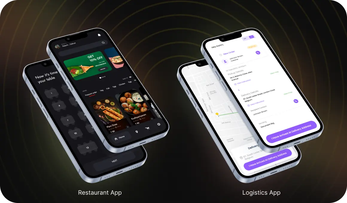 Screens of two mobile apps: a restaurant app with a menu and table booking, and a logistics app with delivery tracking
