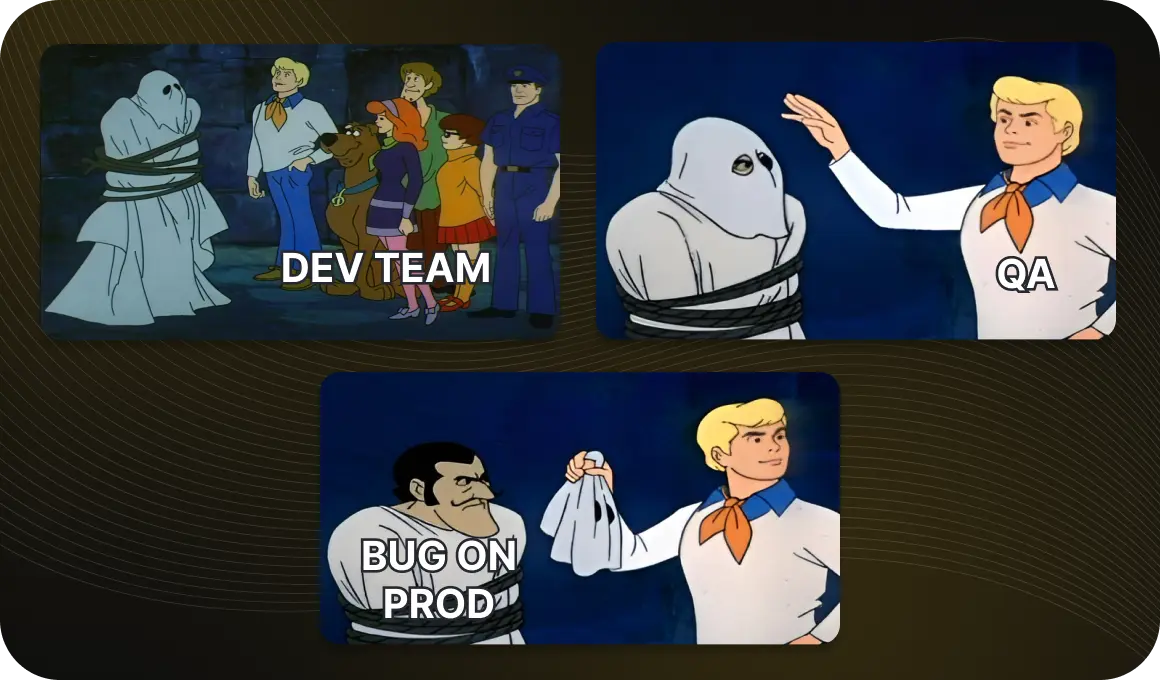 Scooby-Doo meme: QA unmasks the dev team's ghost and finds a bug on production